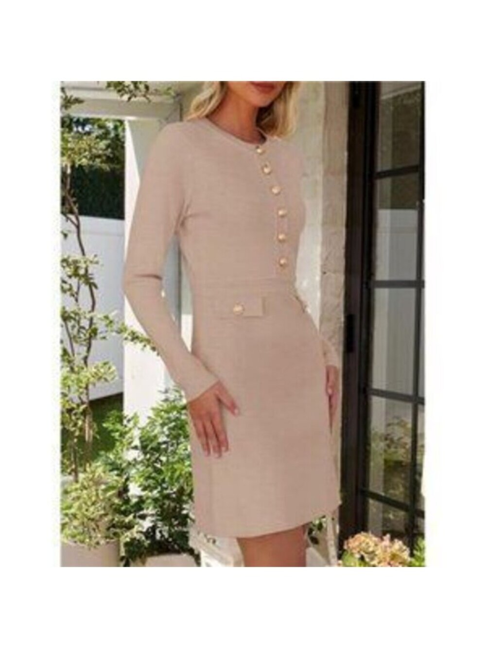 Women's Crew Neck Bodycon Sweater Dress Long Sleeve Button Mini Dress - Picture 3 of 4